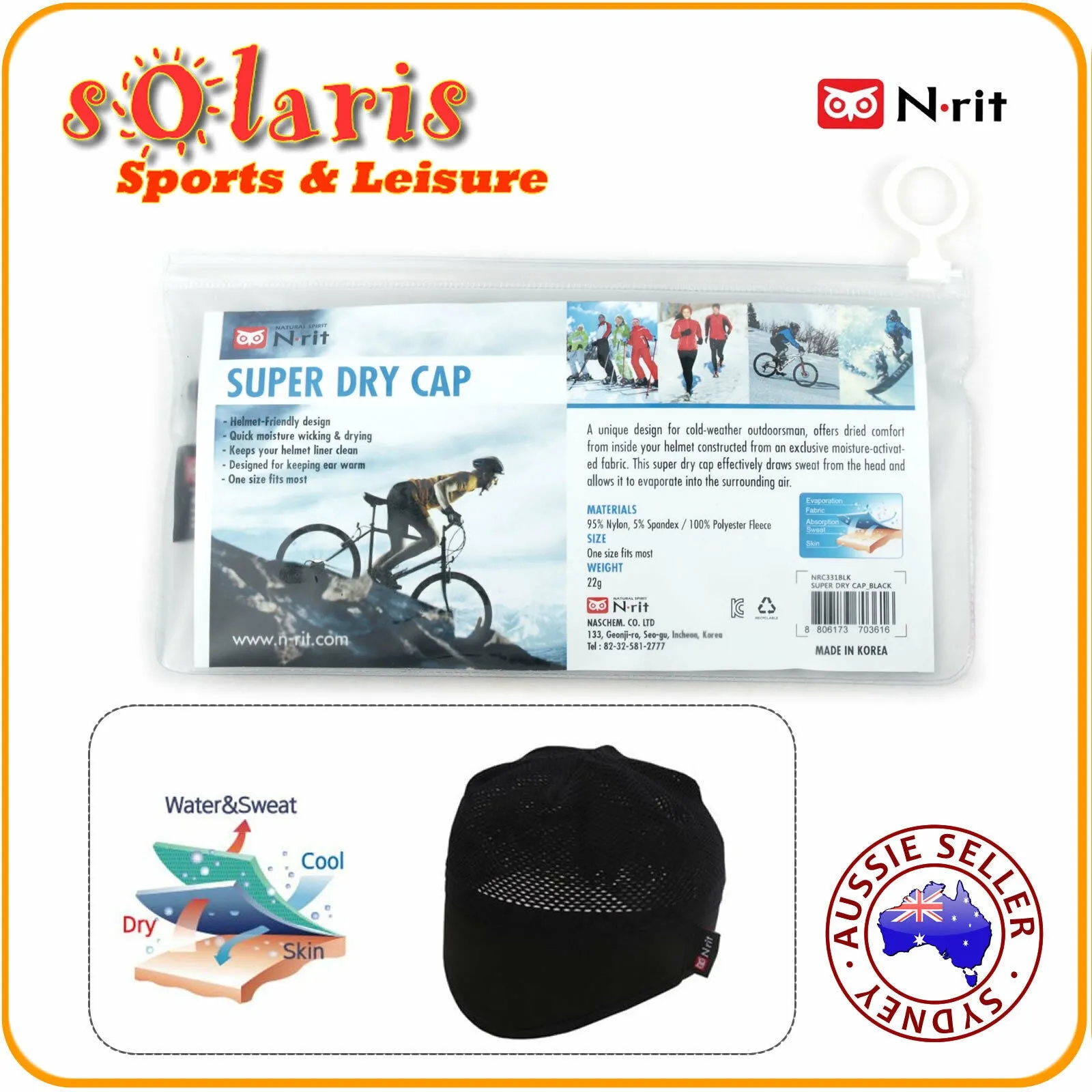 1x N-RIT SUPER DRY CAP HELMET DRYING HEADWEAR FOR CYCLIST MOISTURE WICKING