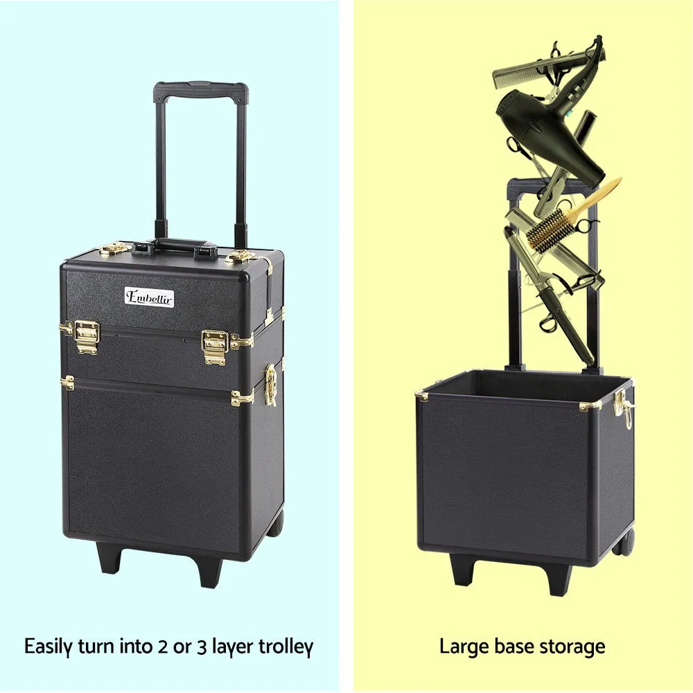 7 in 1 Portable Cosmetic Beauty Makeup Trolley Lockable Case Black & Gold