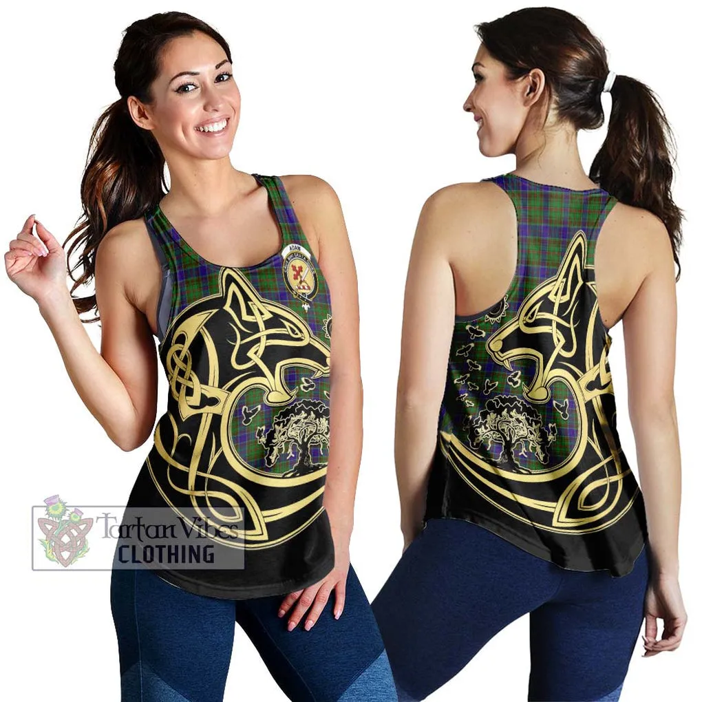 Adam Tartan Women's Racerback Tanks with Family Crest Celtic Wolf Style