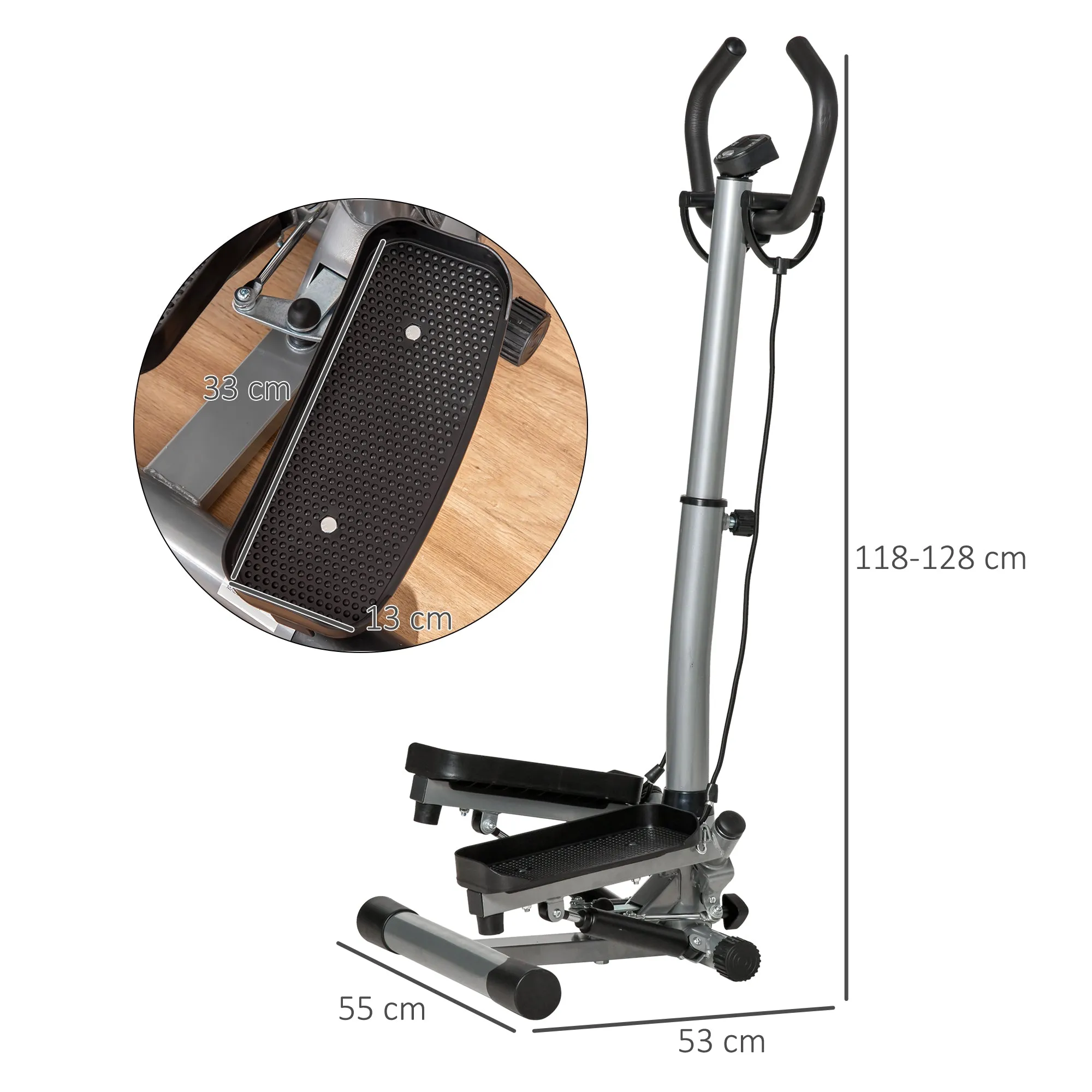 Adjustable Twist Stepper Fitness Step Machine, LCD Screen, Height-Adjust Handlebars, Home Gym, Silver and Black