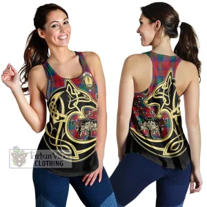 Affleck Tartan Women's Racerback Tanks with Family Crest Celtic Wolf Style