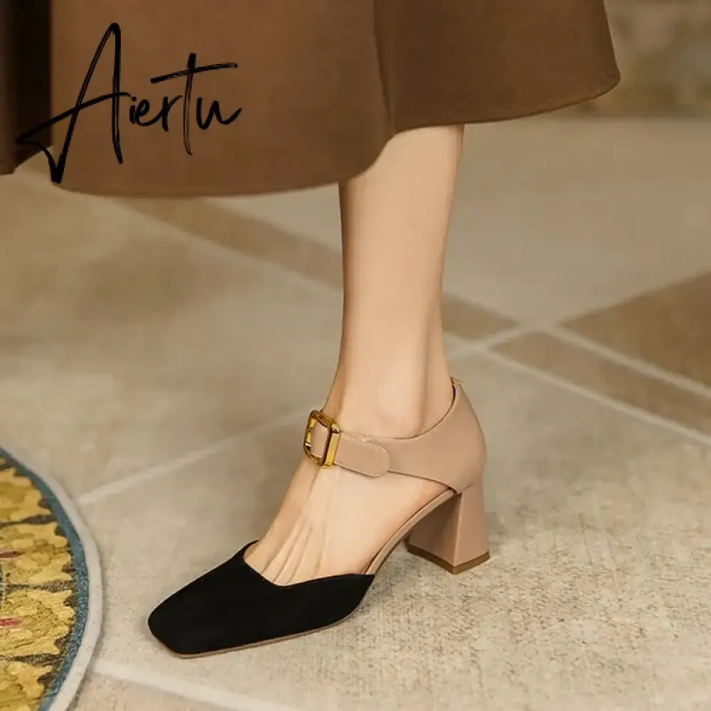 Aiertu Sheep Suede Leather Shoes Women Summer/Spring Women Sandals Square Toe High Heels Cover Heel Shoes for Women Retro Mary Janes