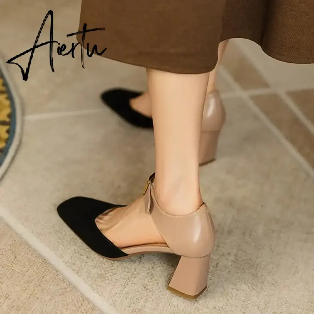 Aiertu Sheep Suede Leather Shoes Women Summer/Spring Women Sandals Square Toe High Heels Cover Heel Shoes for Women Retro Mary Janes