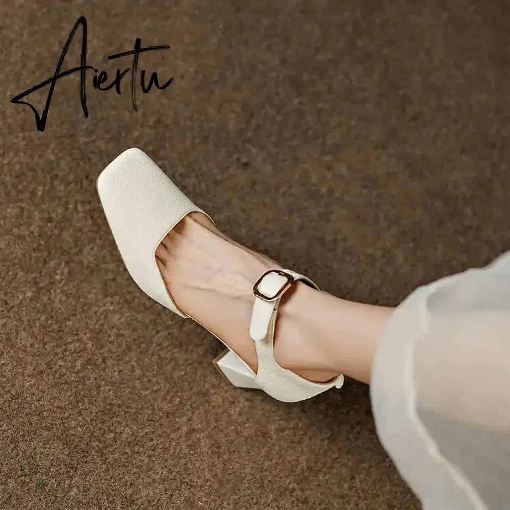 Aiertu Sheep Suede Leather Shoes Women Summer/Spring Women Sandals Square Toe High Heels Cover Heel Shoes for Women Retro Mary Janes