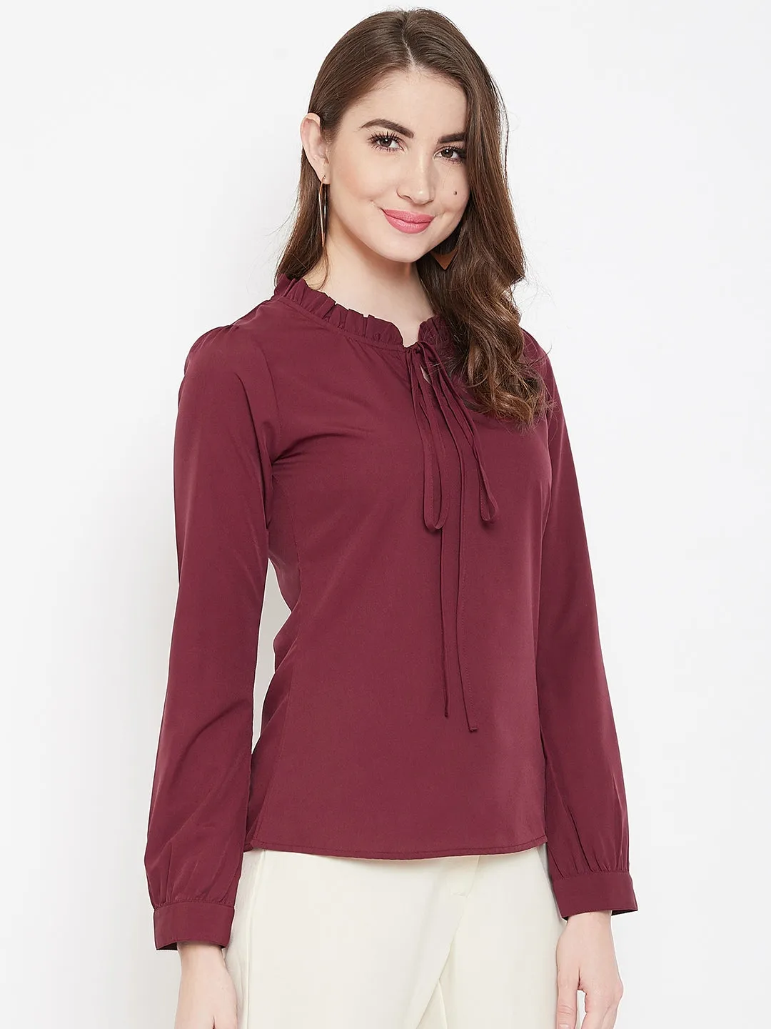 Berrylush Women Solid Maroon Tie-Up Neck Crepe Regular Top