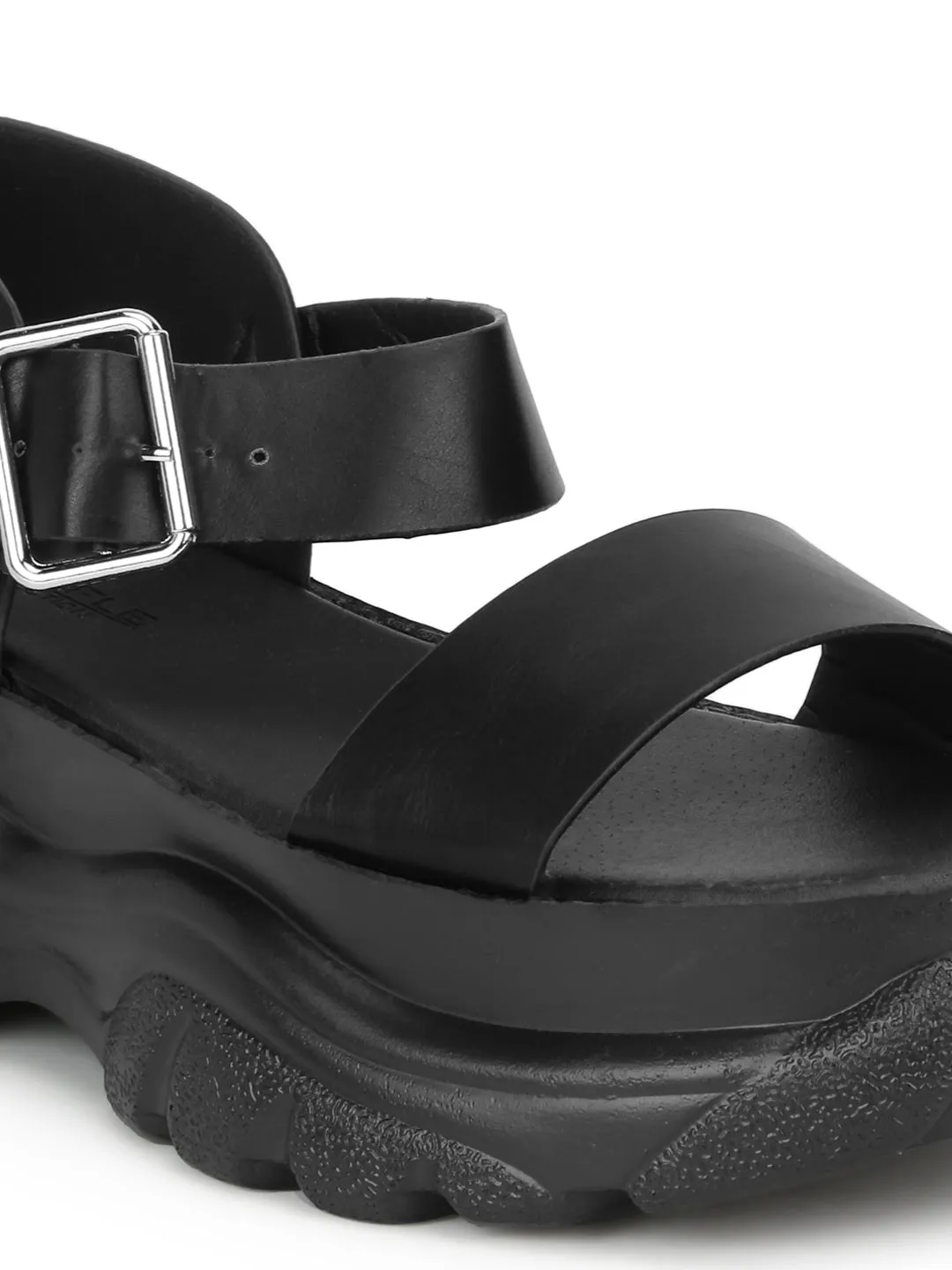 Black PU Cleated Bottom Platform Wedges