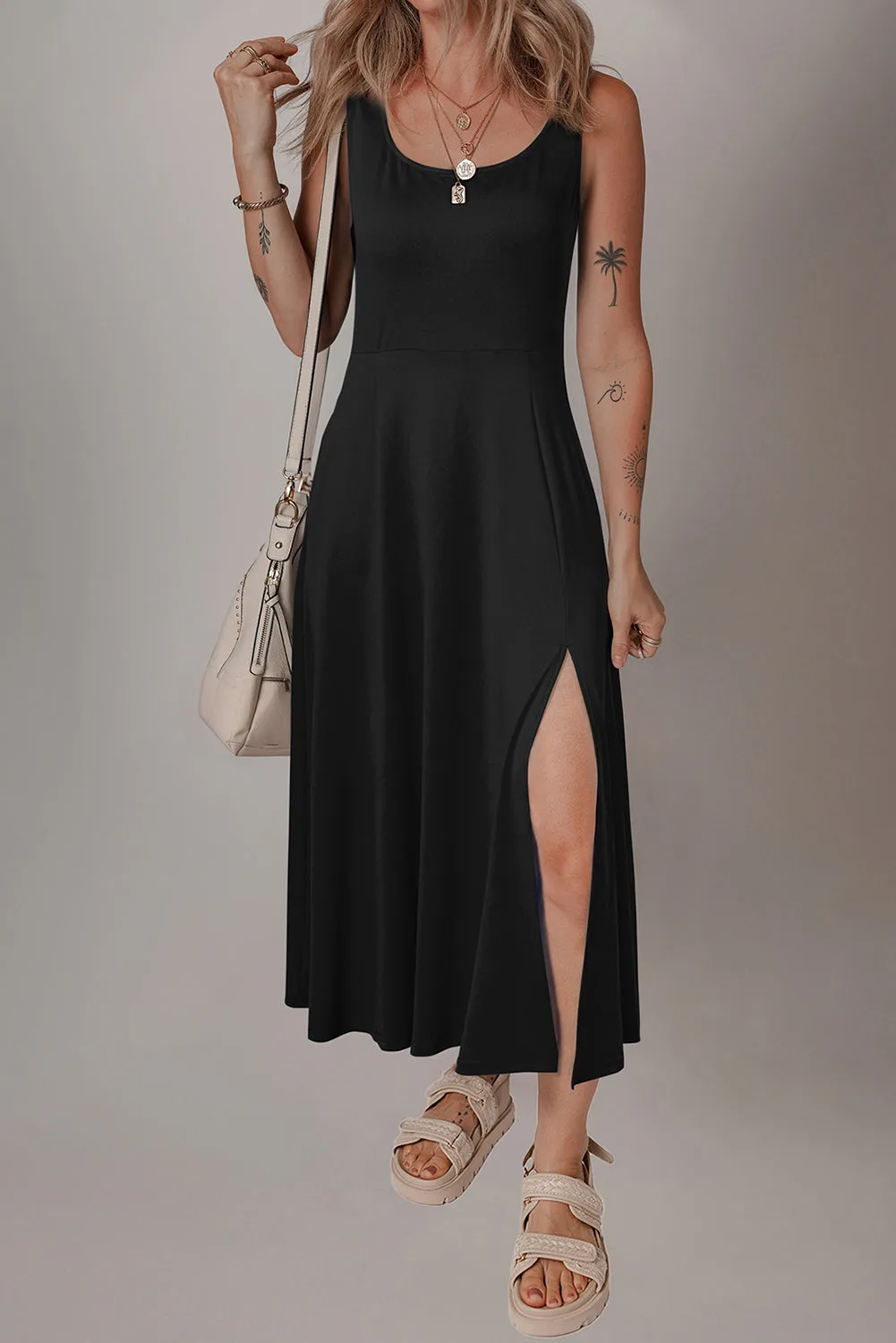 Black Sleeveless Scoop Neck Flared Split Midi Dress