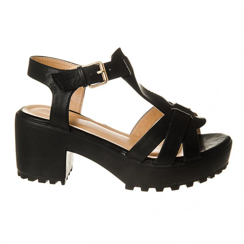 Chunky Ankle Strap Platform Cleated Sole T-Bar Sandal