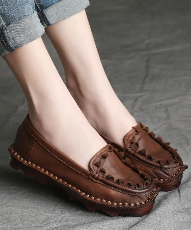 Coffee Flat Shoes For Women Splicing Cowhide Leather Vintage LY7604