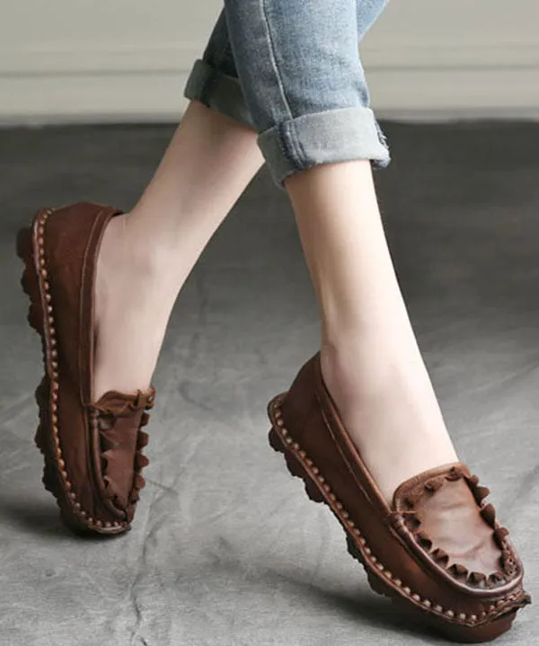 Coffee Flat Shoes For Women Splicing Cowhide Leather Vintage LY7604