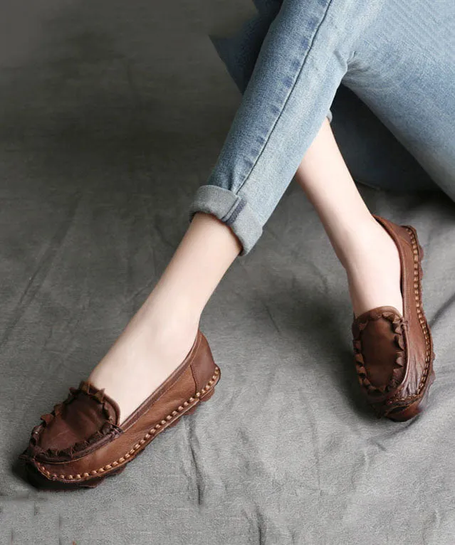 Coffee Flat Shoes For Women Splicing Cowhide Leather Vintage LY7604