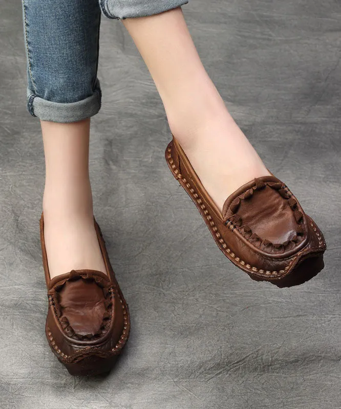 Coffee Flat Shoes For Women Splicing Cowhide Leather Vintage LY7604