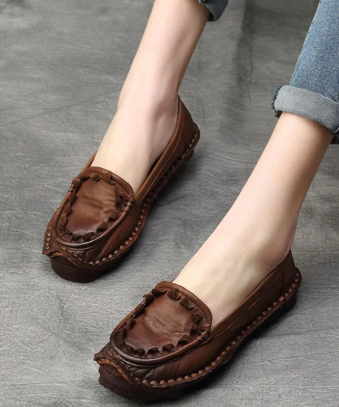 Coffee Flat Shoes For Women Splicing Cowhide Leather Vintage LY7604