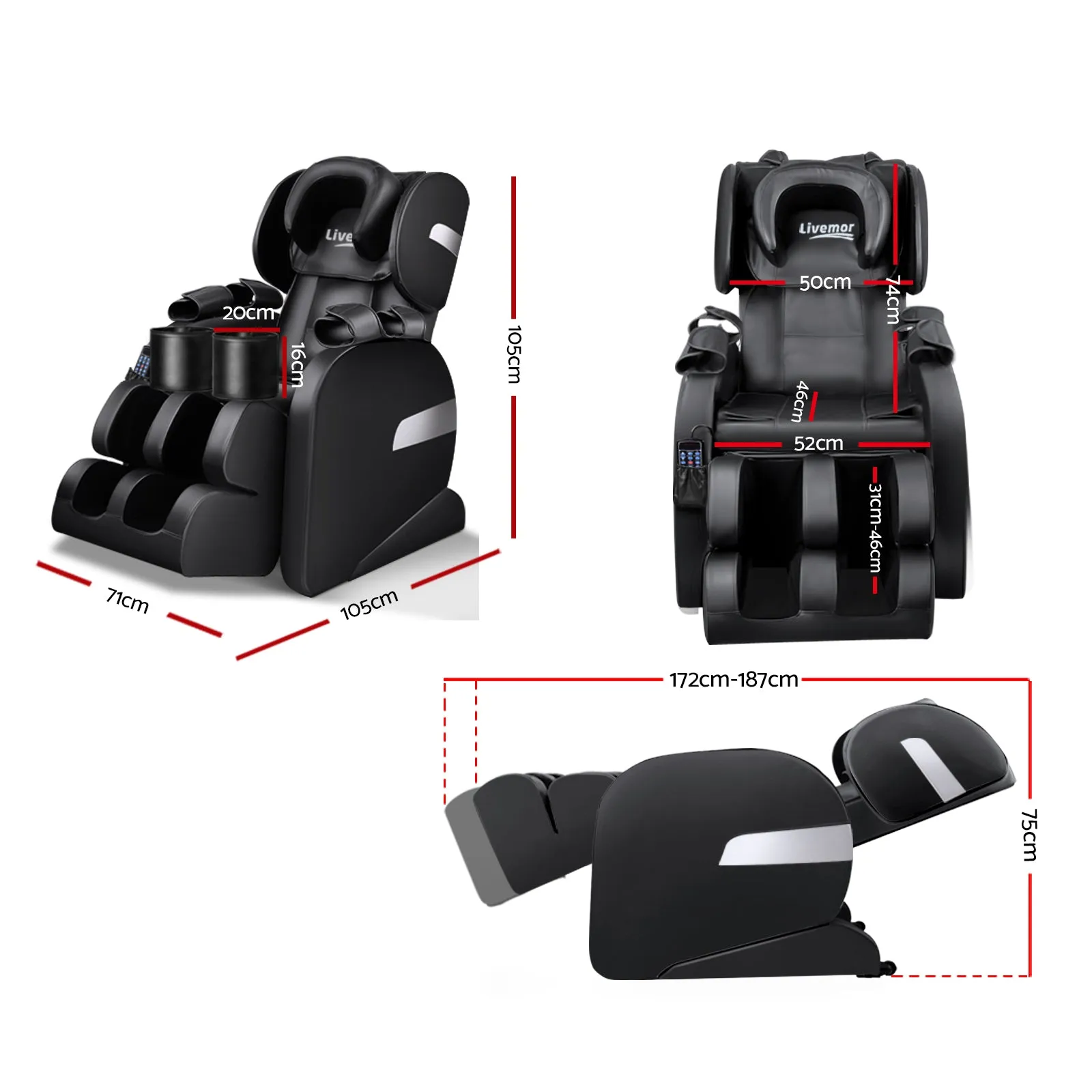 Electric Massage Chair Full Body Zero Gravity Shiatsu Recliner Armchair - Black