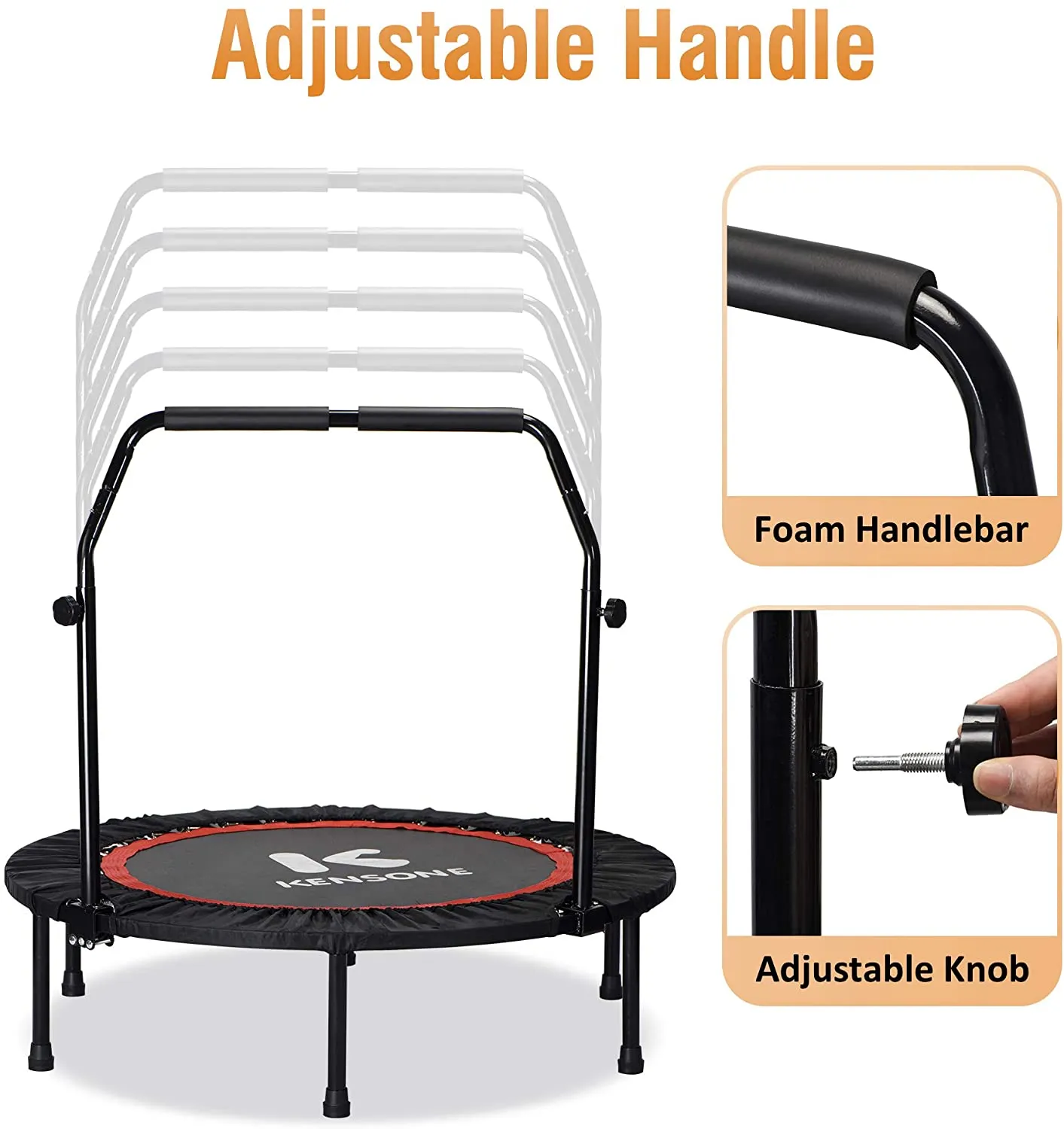 FirstE 48" Foldable Fitness Trampolines, Rebound Recreational Exercise Trampoline with 4 Level Adjustable Heights Foam Handrail, Jump Trampoline for Kids and Adults Indoor&Outdoor, Max Load 440lbs