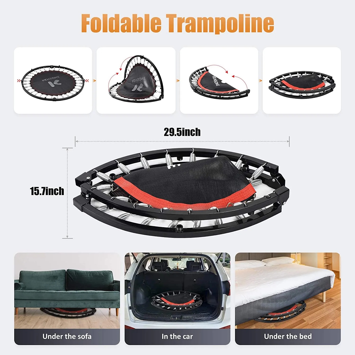 FirstE 48" Foldable Fitness Trampolines, Rebound Recreational Exercise Trampoline with 4 Level Adjustable Heights Foam Handrail, Jump Trampoline for Kids and Adults Indoor&Outdoor, Max Load 440lbs