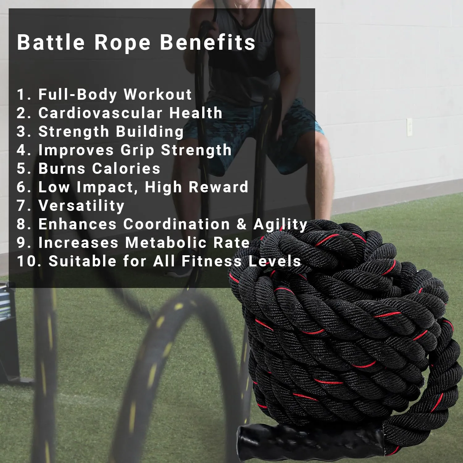 Fit Fusion Ultimate Fitness Strength Training Battle Rope for Gym, Home, Heavy Battle Rope, 1.5 Inches Diameter (30 FT, Black-Red)