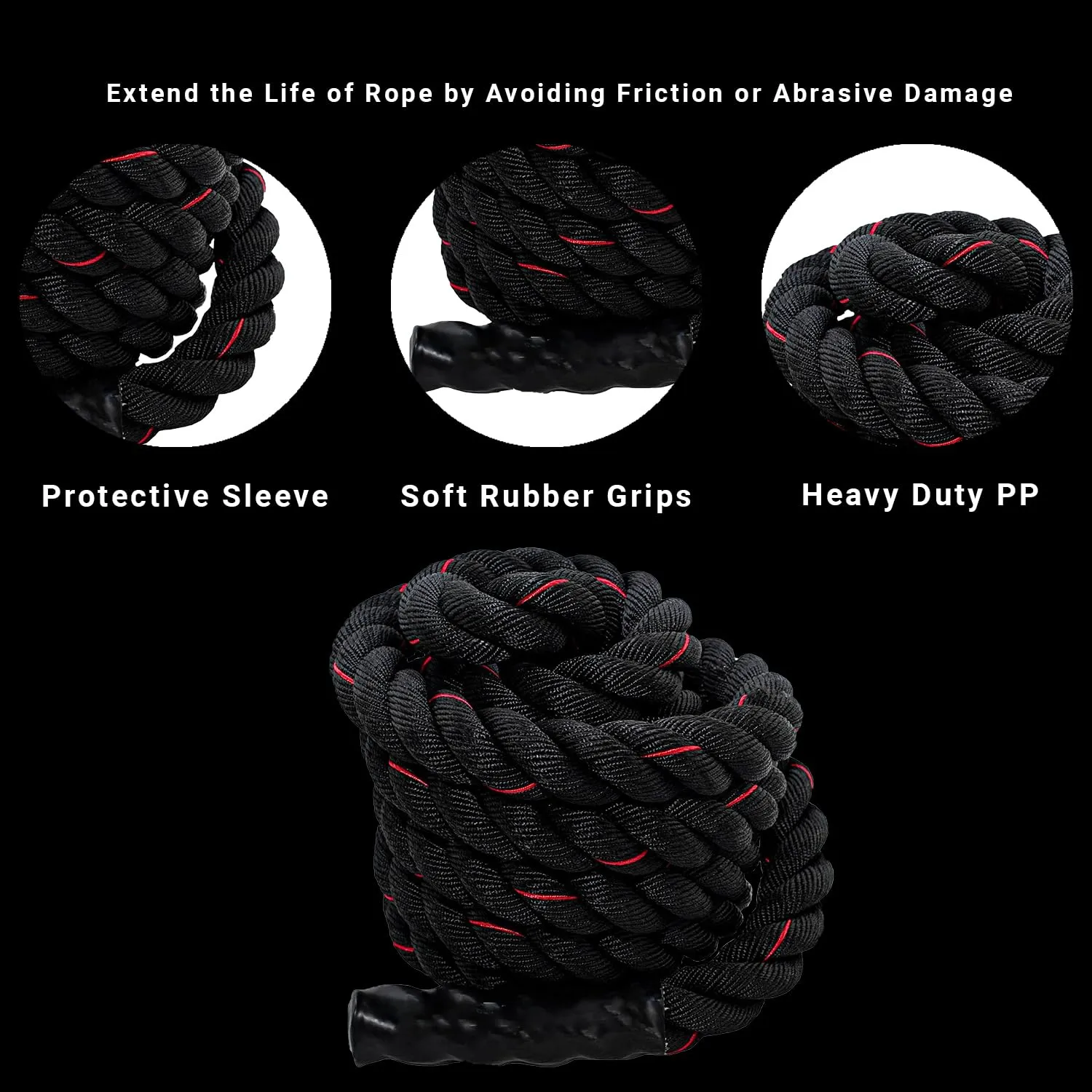 Fit Fusion Ultimate Fitness Strength Training Battle Rope for Gym, Home, Heavy Battle Rope, 1.5 Inches Diameter (30 FT, Black-Red)