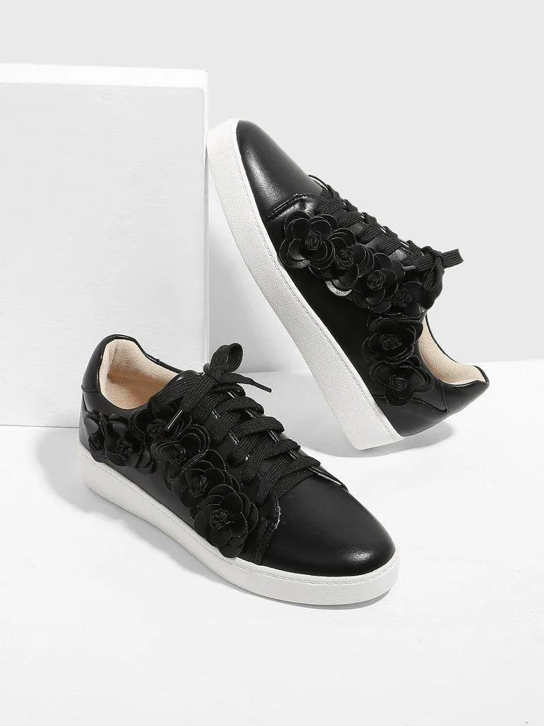 Floral Appliqued Lace Up Sneakers