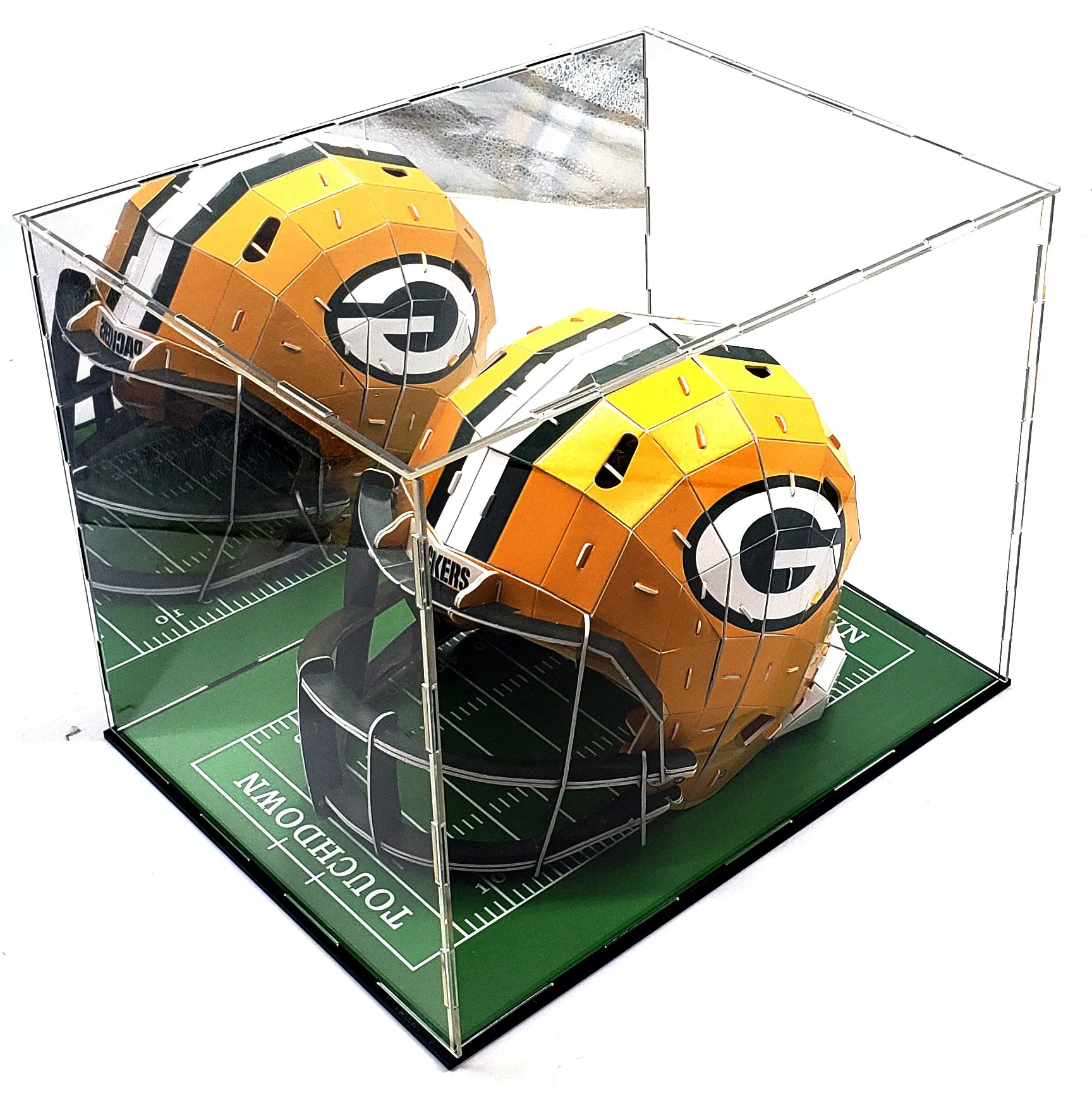 Full Size Football Helmet Acrylic Display Case Box Gold Mirror Field Showcase Shoes UV Protection 15x12x12