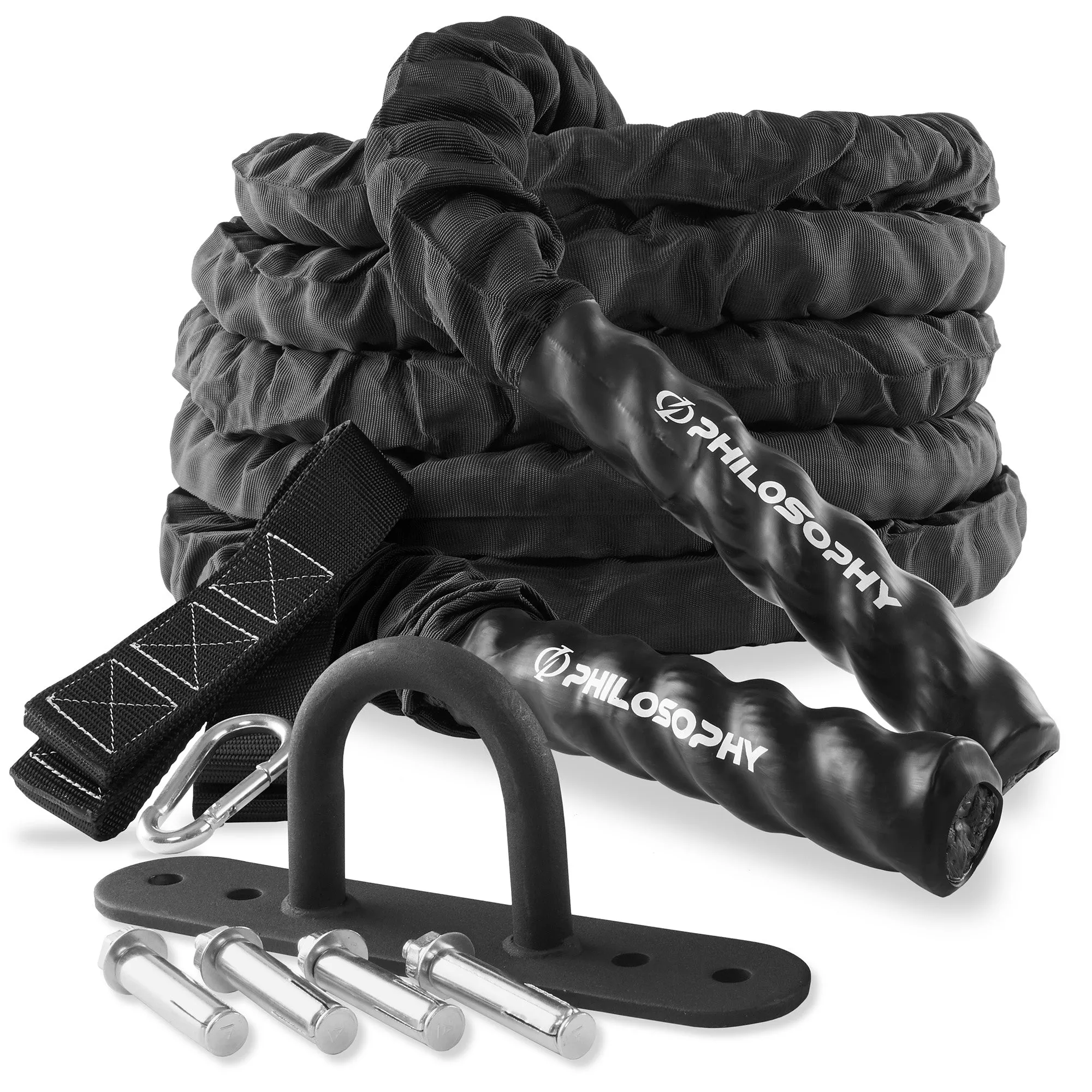 Gym Battle Rope with Protective Cover - Includes Anchor, Strap