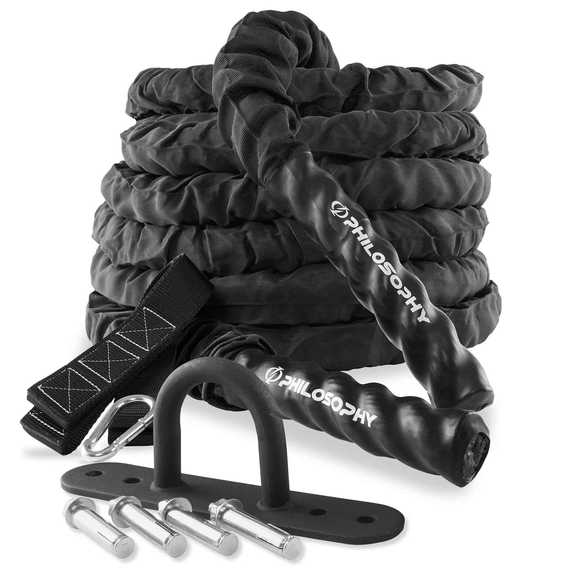 Gym Battle Rope with Protective Cover - Includes Anchor, Strap