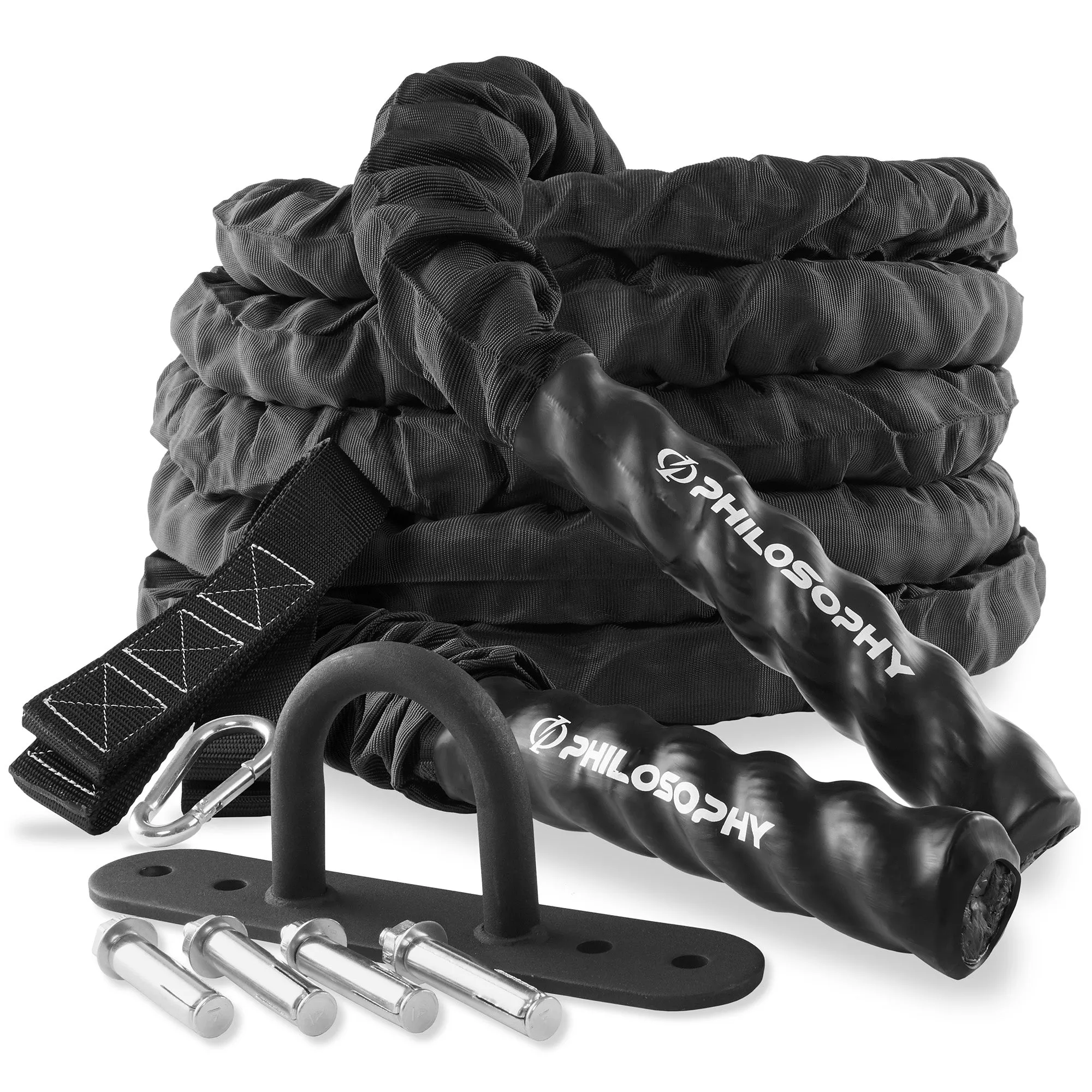 Gym Battle Rope with Protective Cover - Includes Anchor, Strap