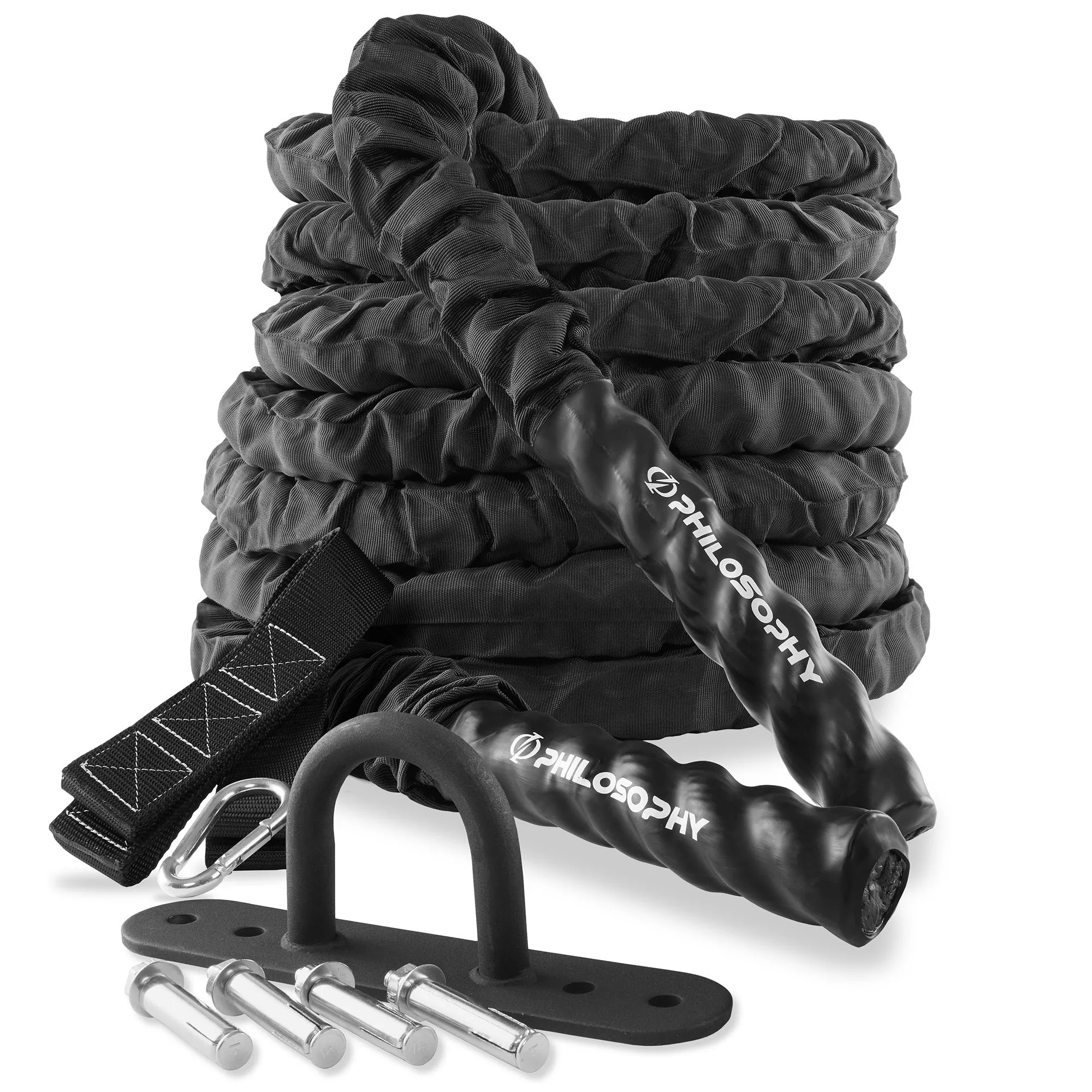 Gym Battle Rope with Protective Cover - Includes Anchor, Strap