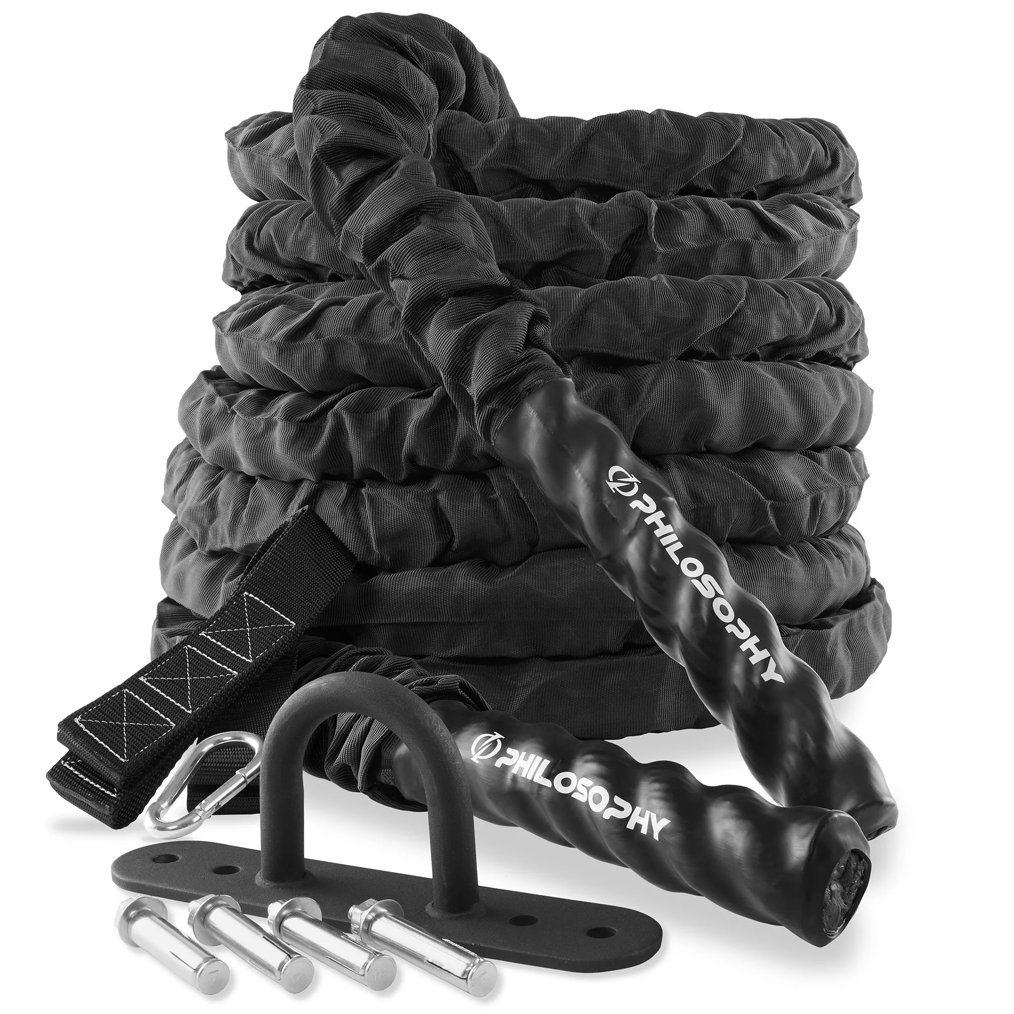 Gym Battle Rope with Protective Cover - Includes Anchor, Strap