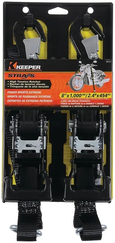 Keeper 05741 Tie-Down, 1-1/4 in W, 8 ft L, Polyester, Black, 1000 lb, Snap Hook End Fitting :EA: QUANTITY: 1