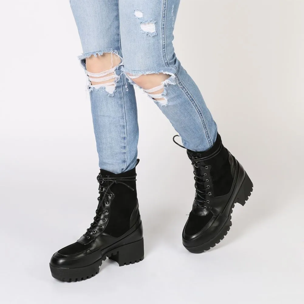 Khloe Chunky Sole Lace Up Ankle Boot in Black