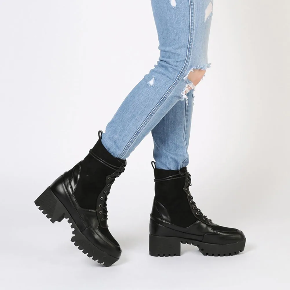 Khloe Chunky Sole Lace Up Ankle Boot in Black