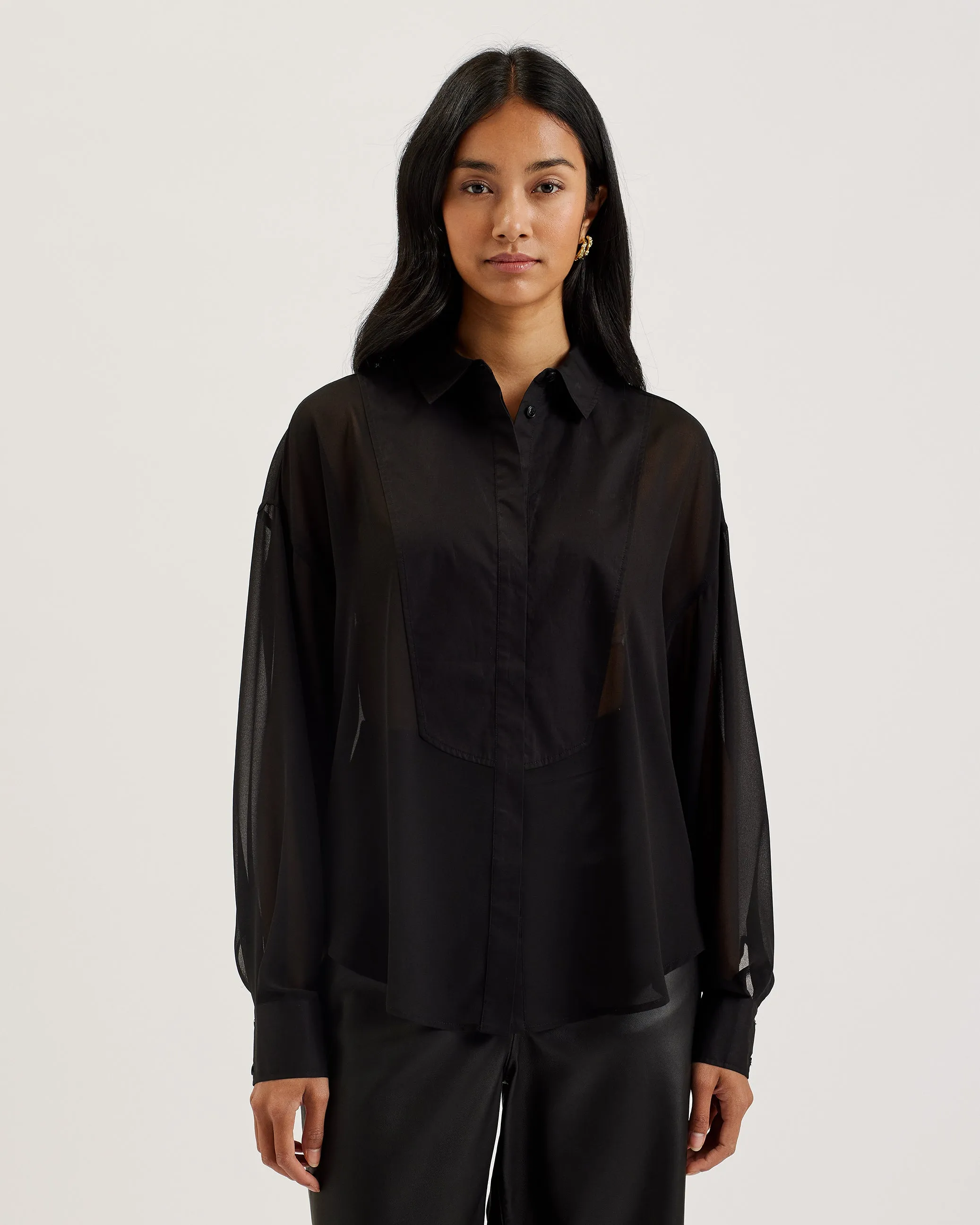 Lechosa Oversized Chiffon Bib Detail Shirt Black