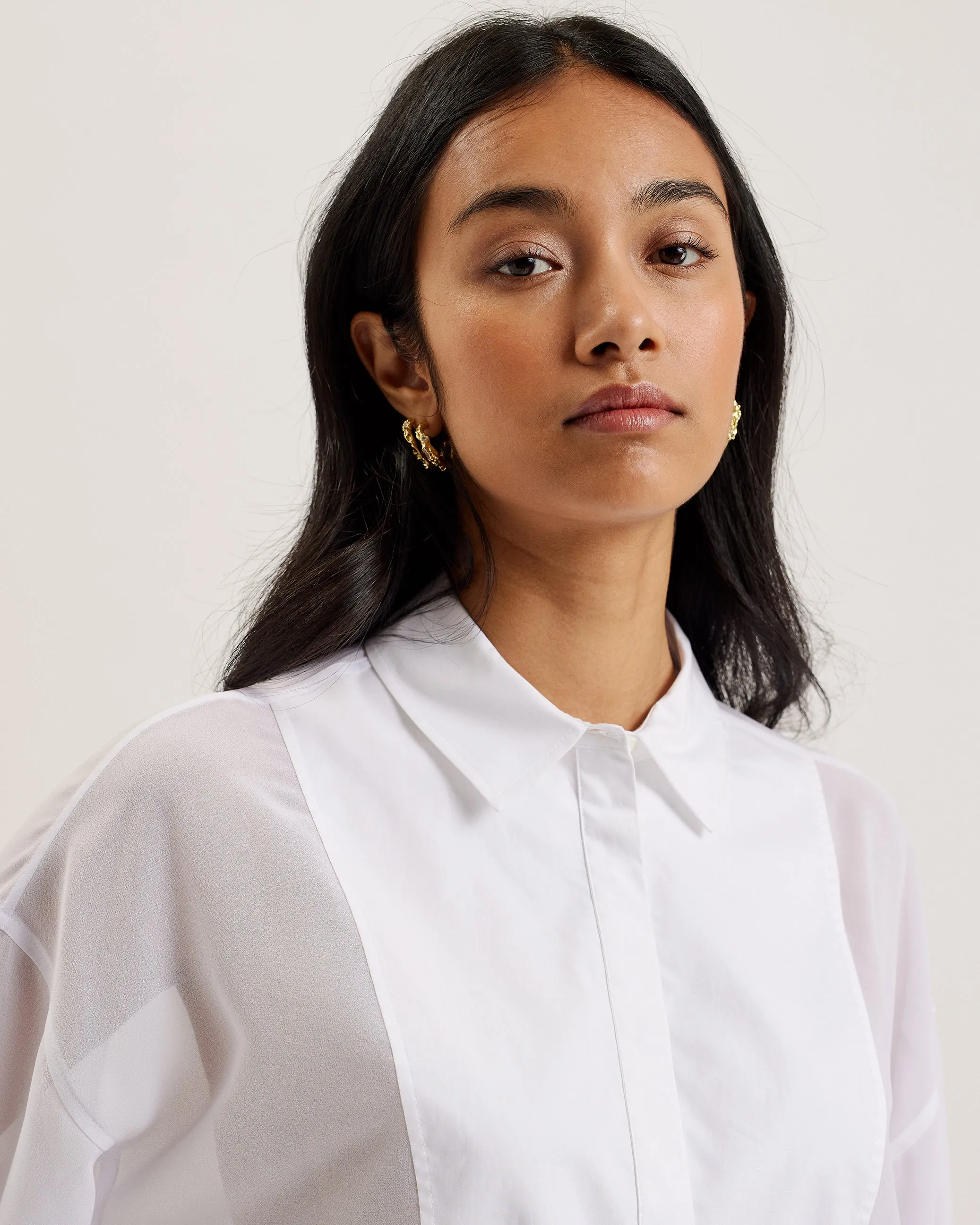 Lechosa Oversized Chiffon Bib Detail Shirt White