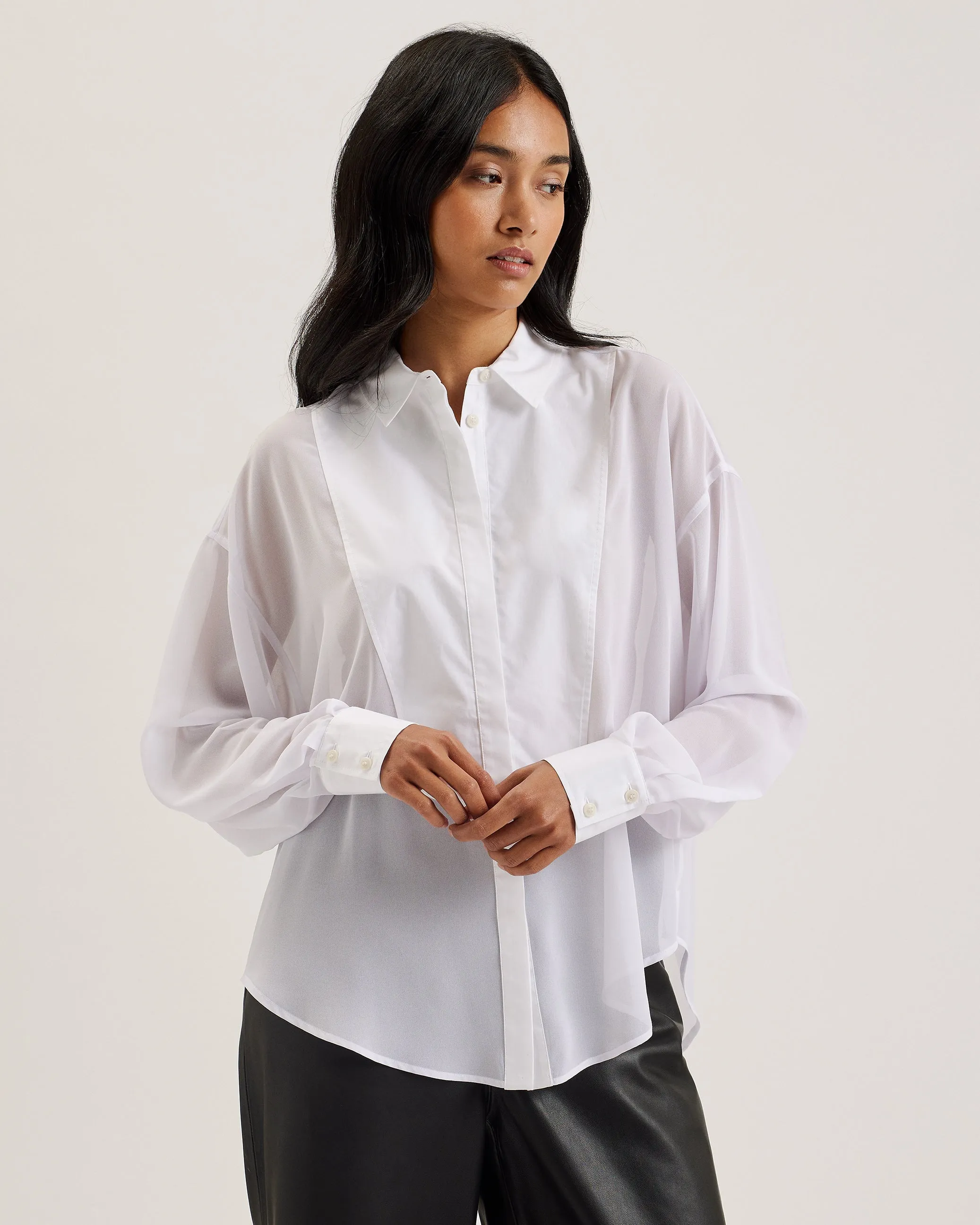 Lechosa Oversized Chiffon Bib Detail Shirt White