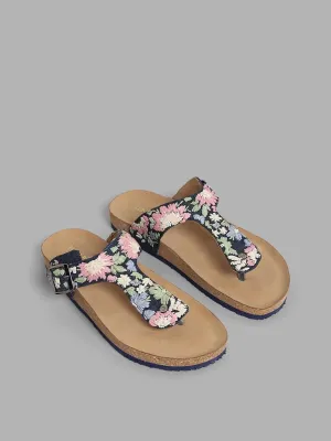 LUNA BLU Multi-coloured Floral Embroidered Comfort Slip On Sandals