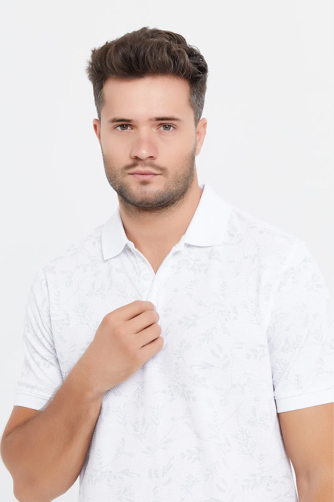 Men White Printed Jacquard Polo Shirt