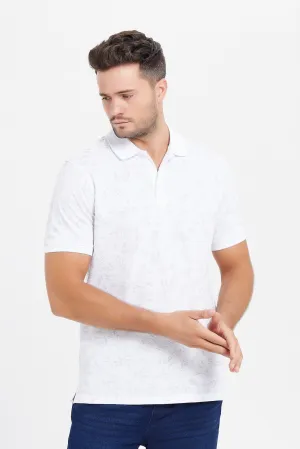 Men White Printed Jacquard Polo Shirt