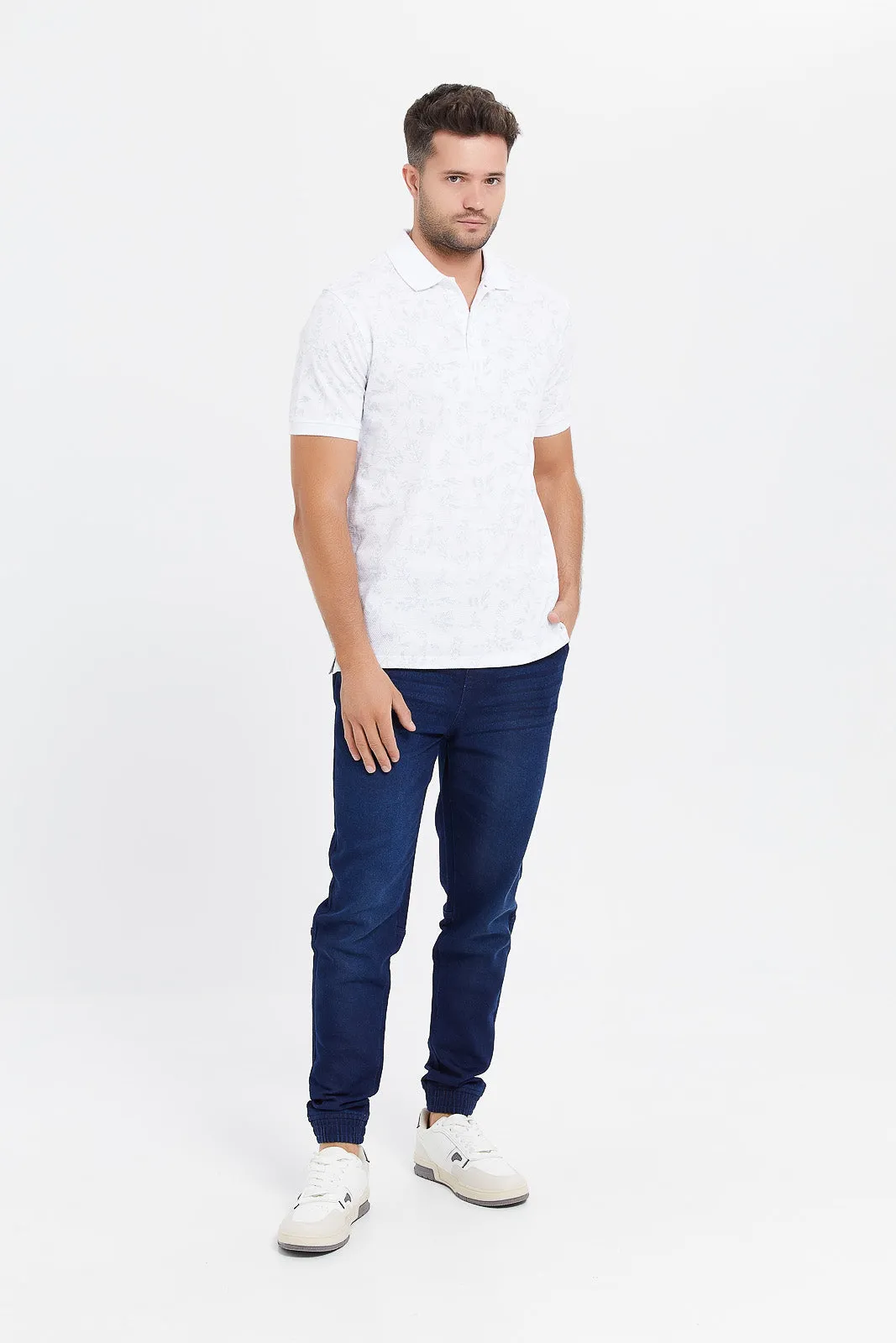 Men White Printed Jacquard Polo Shirt