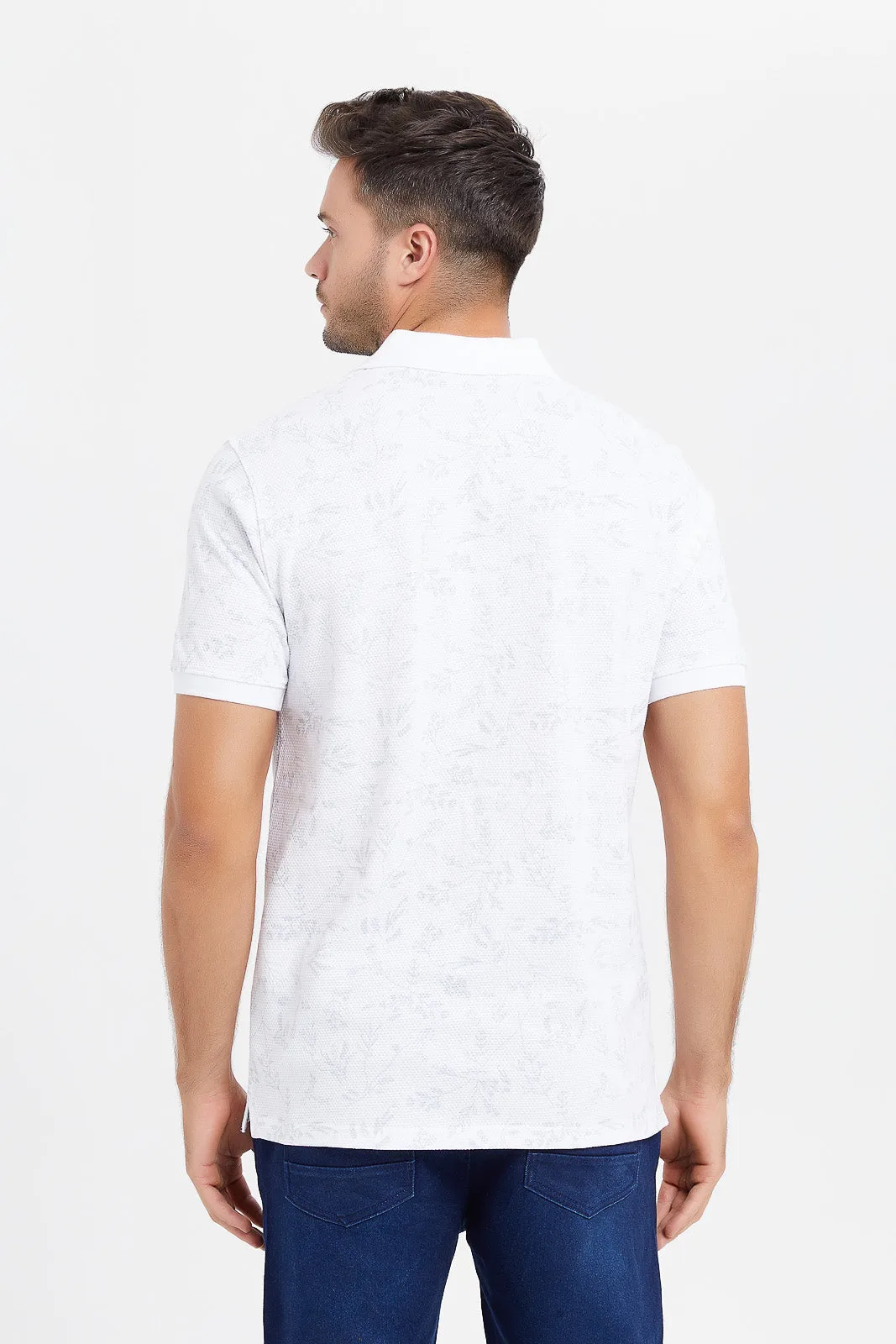 Men White Printed Jacquard Polo Shirt