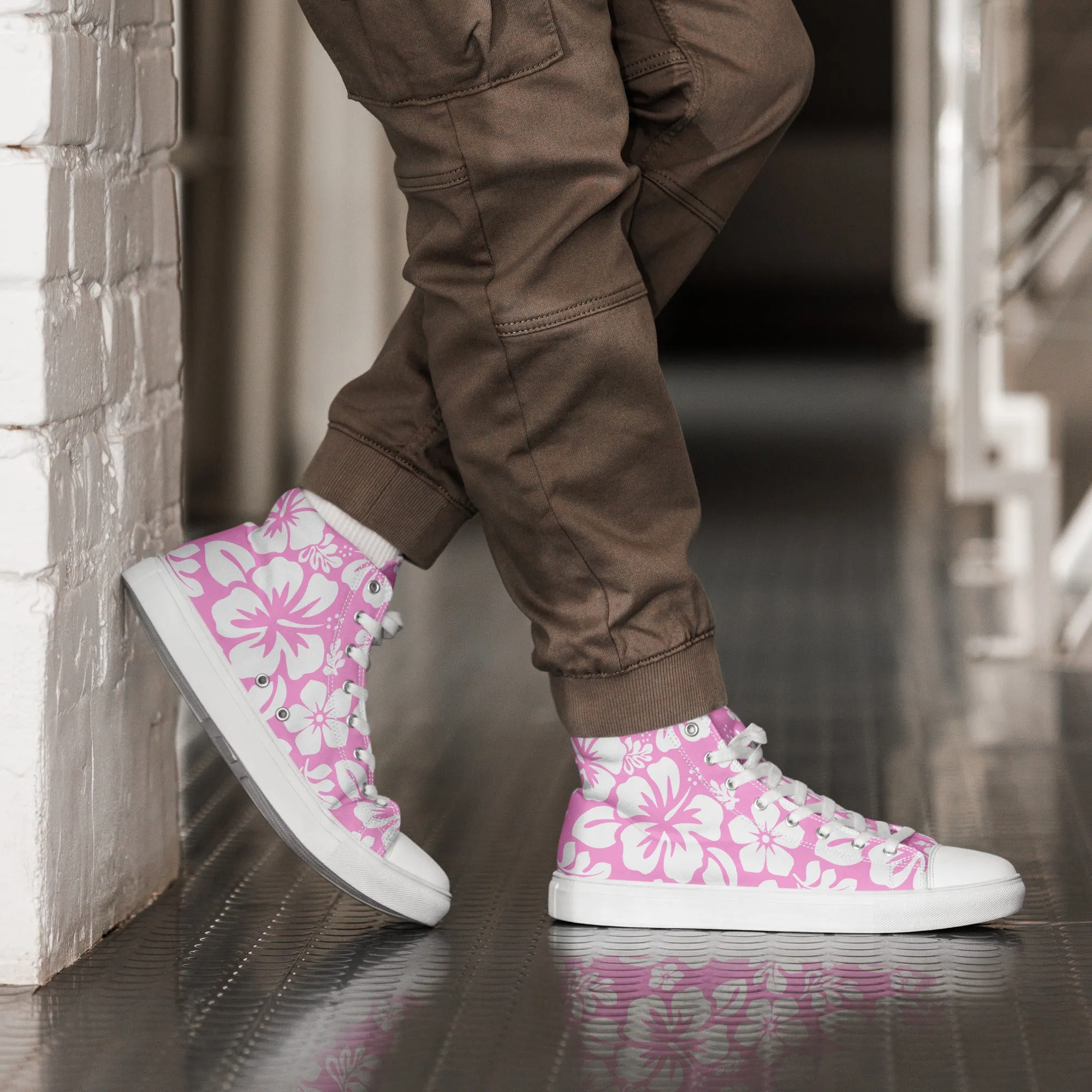 Men’s Pink and White Hawaiian Print High Top Shoes