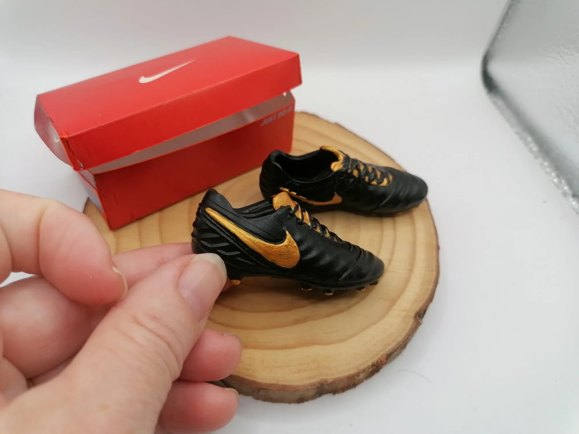 Miniature Football boots - Soccer shoes with box. Scale 1:12 or 1/6