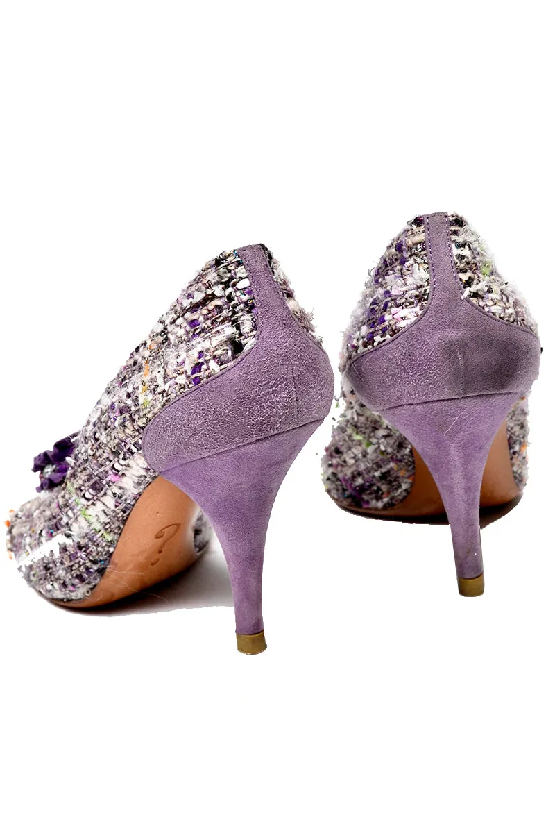 Moschino Vintage Purple Tweed Open Toe Shoes With 3.5 Inch Heels