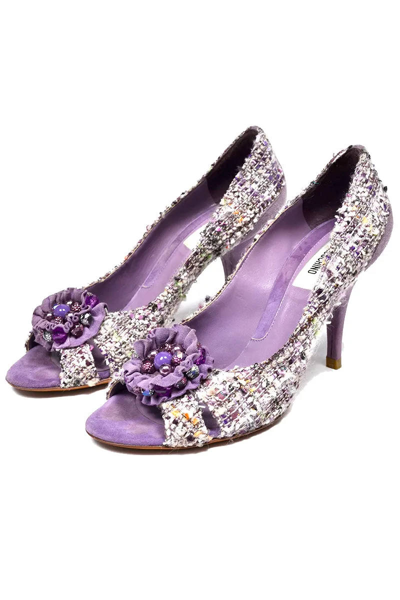 Moschino Vintage Purple Tweed Open Toe Shoes With 3.5 Inch Heels