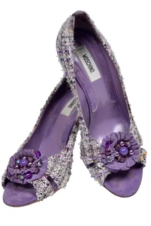 Moschino Vintage Purple Tweed Open Toe Shoes With 3.5 Inch Heels