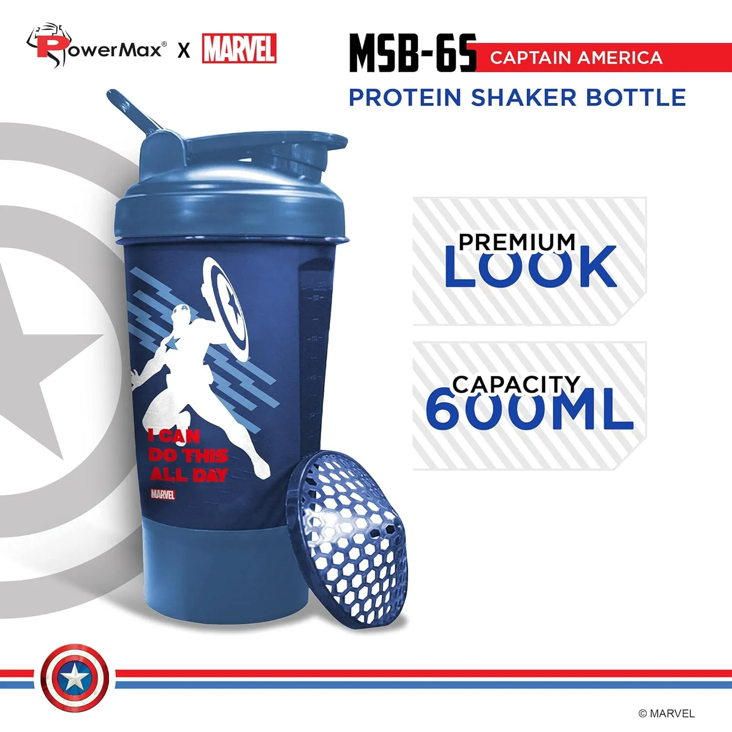 MSB-6S Captain America Marvel Edition Shaker Bottle 600ml | 100% Leakproof Guarantee Sipper Bottle Ideal for Protein | Pre-Workout & BCAAS | BPA Free | Plastic (Blue | Pack of 1)