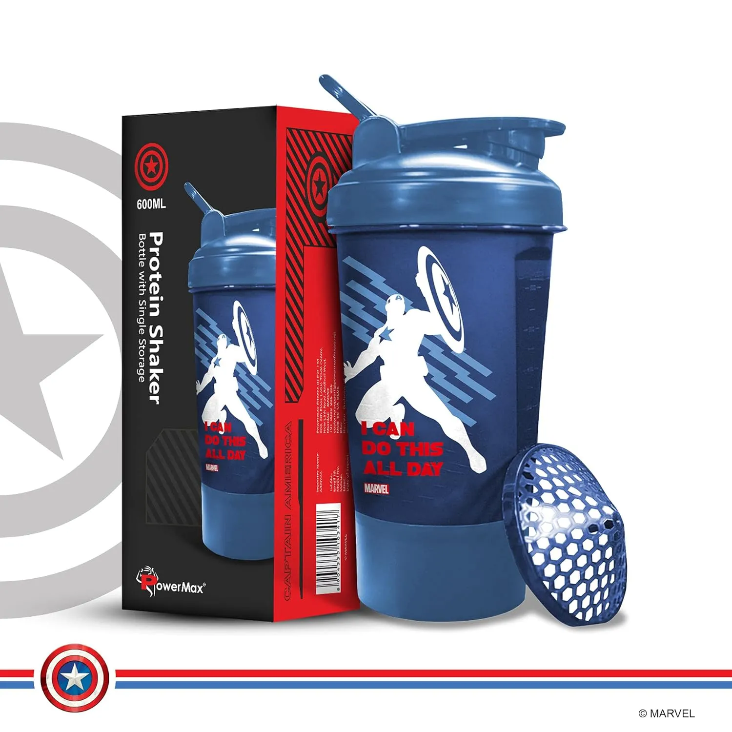 MSB-6S Captain America Marvel Edition Shaker Bottle 600ml | 100% Leakproof Guarantee Sipper Bottle Ideal for Protein | Pre-Workout & BCAAS | BPA Free | Plastic (Blue | Pack of 1)