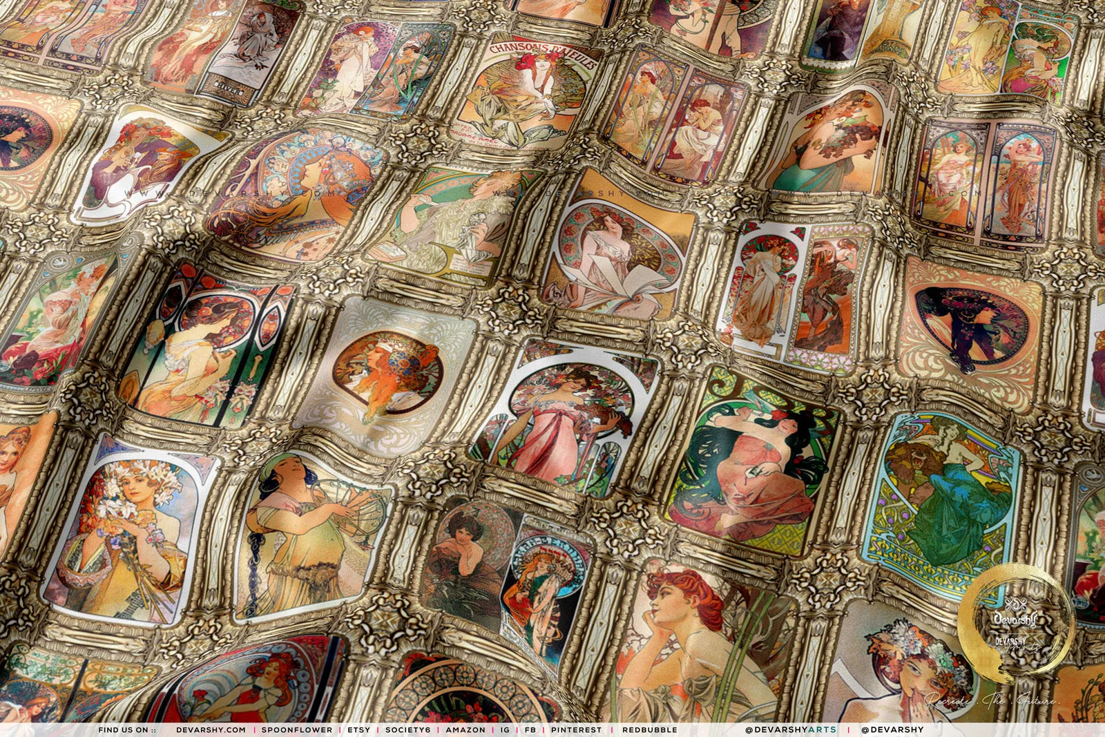 Mucha Collage Upholstery Fabric 3meters in 2 Styles & 12 Furnishing Fabrics Classical Art Fabric by the Yard | D20123