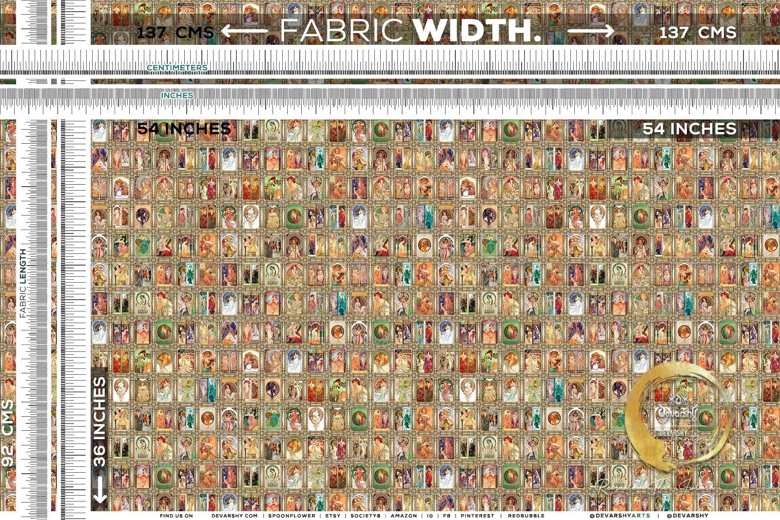 Mucha Collage Upholstery Fabric 3meters in 2 Styles & 12 Furnishing Fabrics Classical Art Fabric by the Yard | D20123