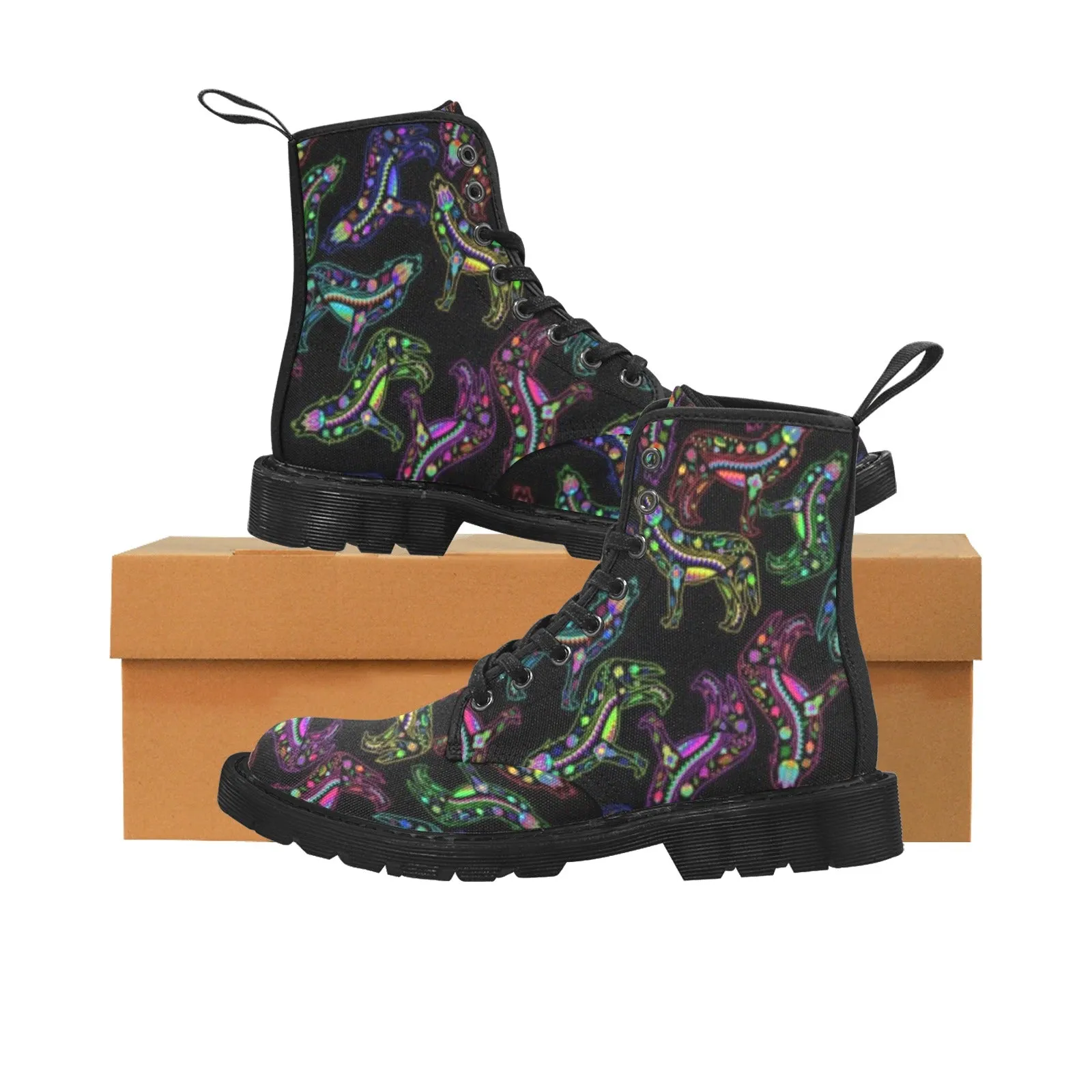 Neon Floral Wolves Boots for Women (Black)